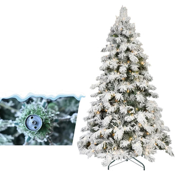 5/6/7/8 Feet Pre-installed Light Flocked Artificial Christmas Tree RGB Fully Pre-installed Light Christmas Tree Snow Flocked