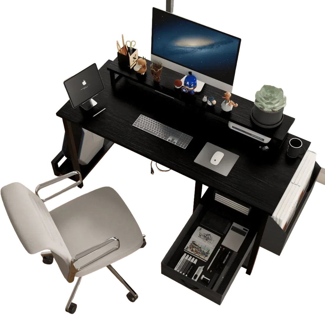DB 47.3\" Computer Desk with Power Outlet & Drawer Monitor Stands & Shelves Large Office/Writing/Gaming Desk with Side Drawers