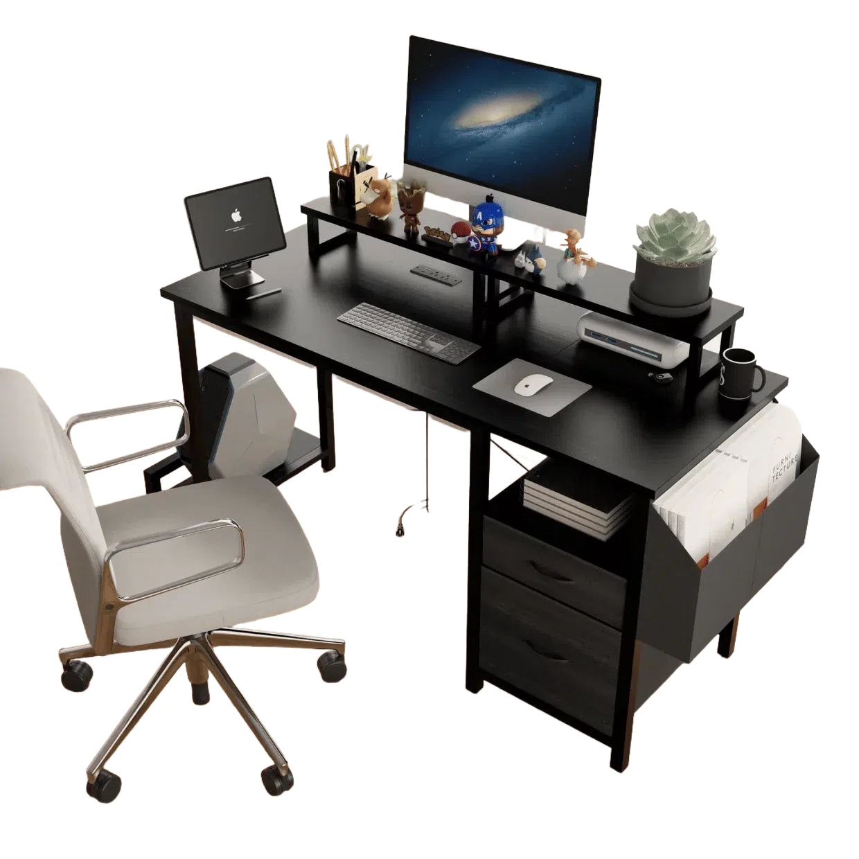DB 47.3\" Computer Desk with Power Outlet & Drawer Monitor Stands & Shelves Large Office/Writing/Gaming Desk with Side Drawers