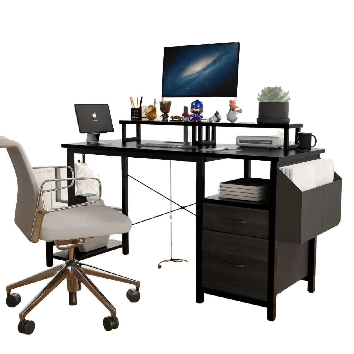 DB 47.3\" Computer Desk with Power Outlet & Drawer Monitor Stands & Shelves Large Office/Writing/Gaming Desk with Side Drawers