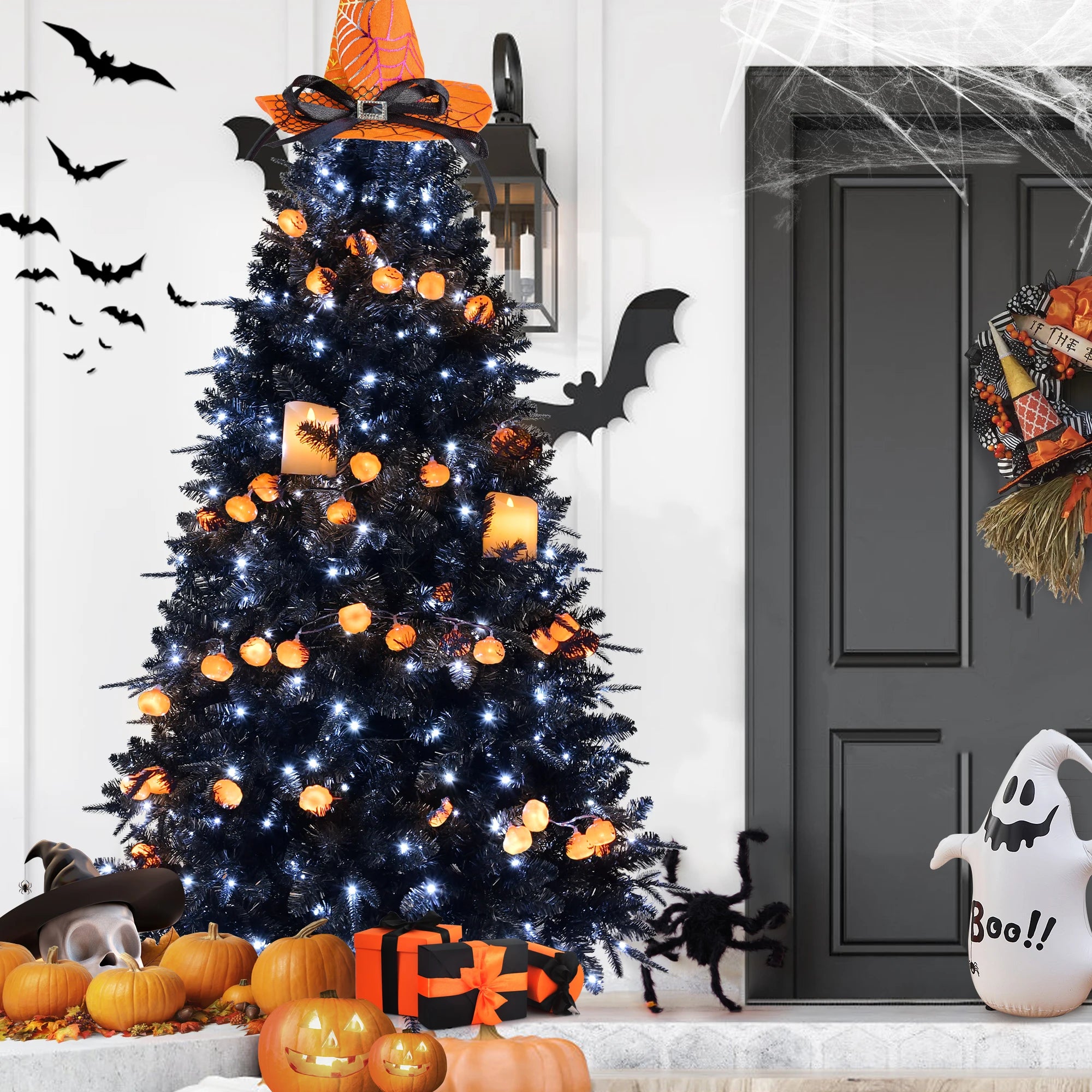 Pre-installed Lights Black Christmas Tree Artificial Holiday Decorations for Home, Office, Halloween Party Decorations